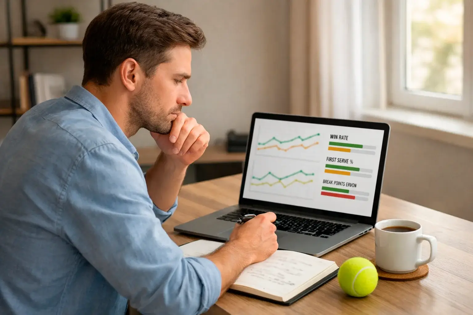 Analista deportivo revisando estadísticas de tenis en un portátil