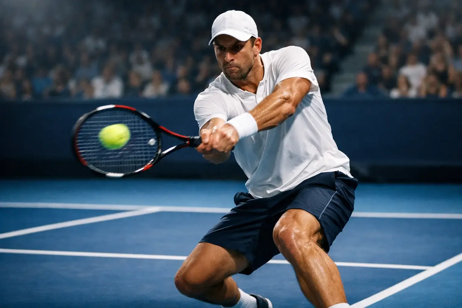 Momento de tensión durante un punto crucial en un partido de tenis