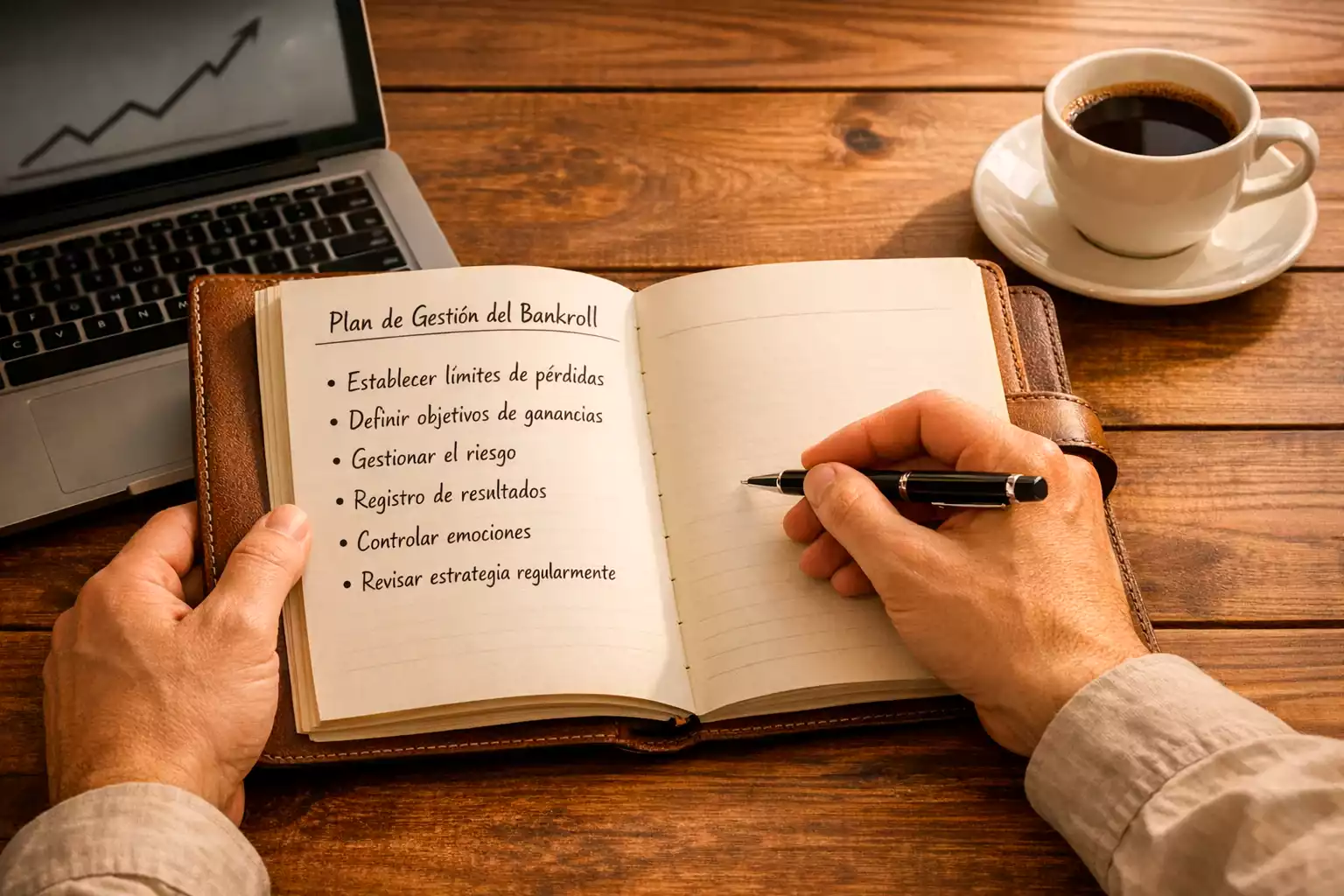 Persona escribiendo un plan de gestión de bankroll en un cuaderno junto a un ordenador