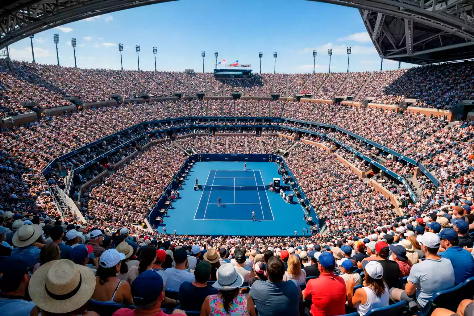 Estadio de tenis lleno durante un partido de Grand Slam con ambiente vibrante