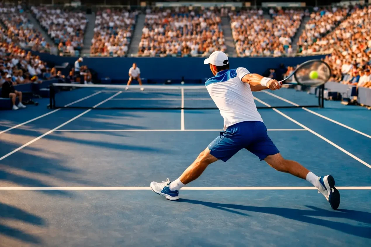 Partido de tenis profesional en pista dura con espectadores en las gradas