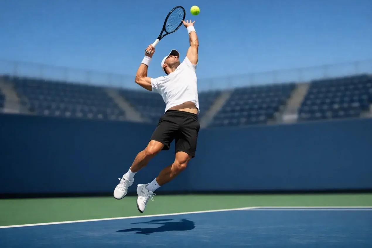 Tenista profesional ejecutando un saque potente en pista de tenis