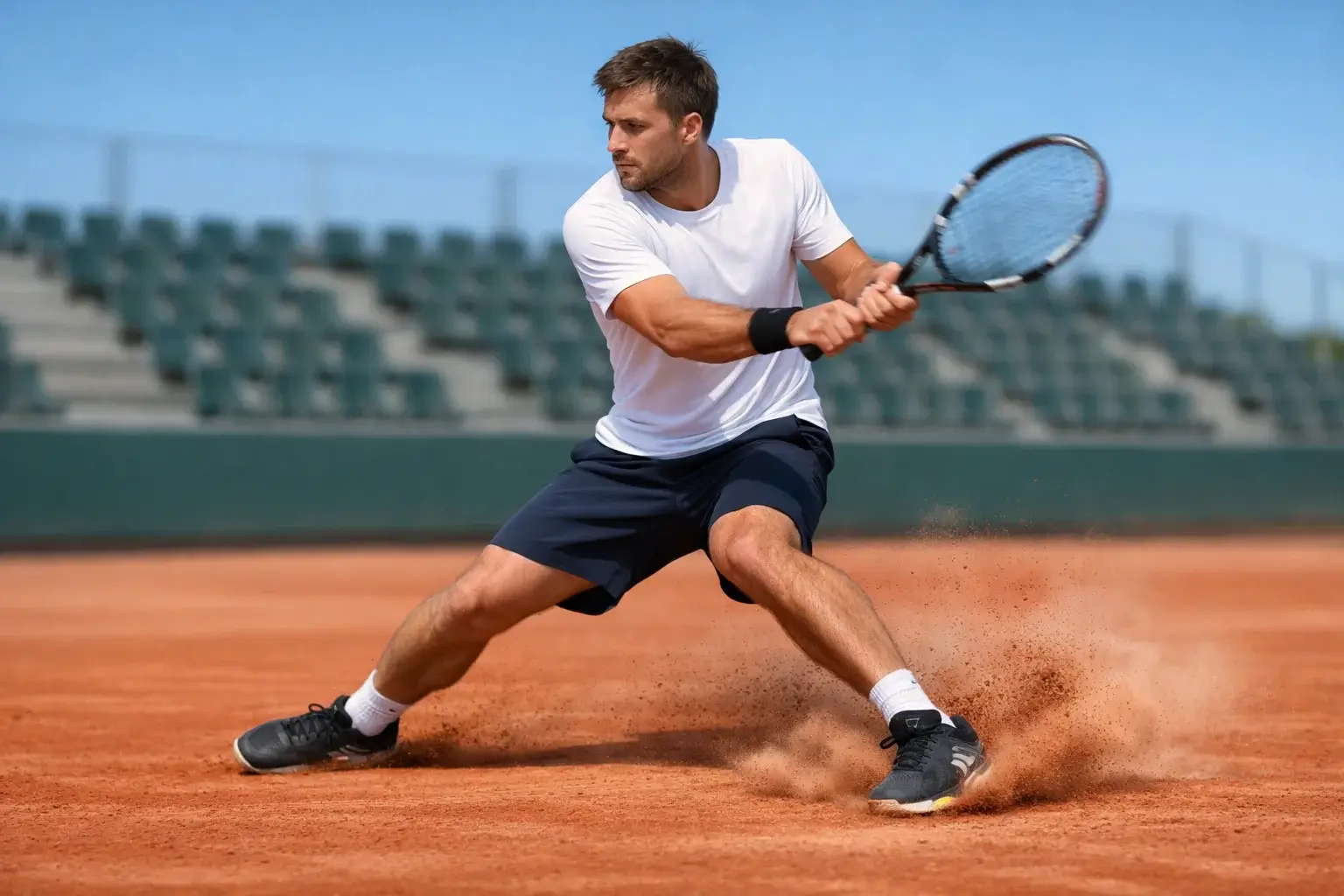 Tenista profesional entrenando golpe de revés en pista de arcilla