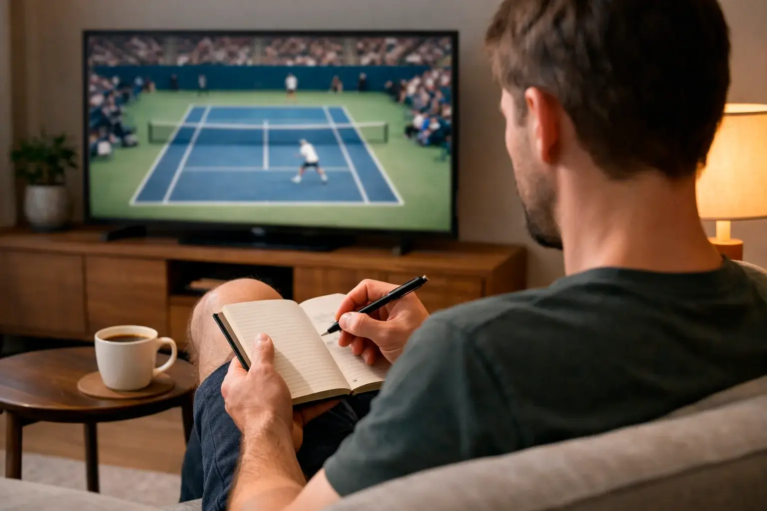 Persona tomando notas mientras ve un partido de tenis en televisión