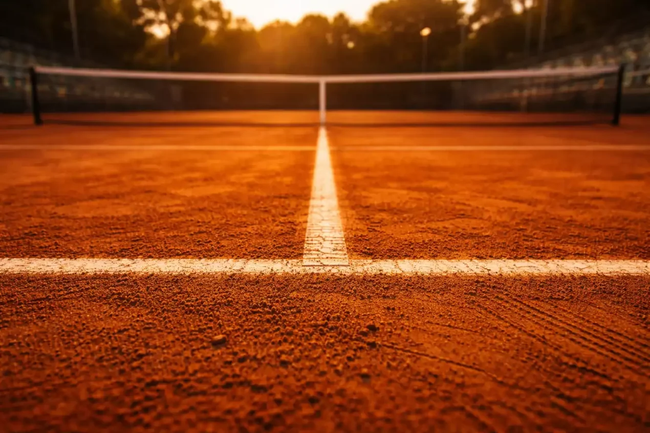Pista de tenis de tierra batida con líneas marcadas y red profesional