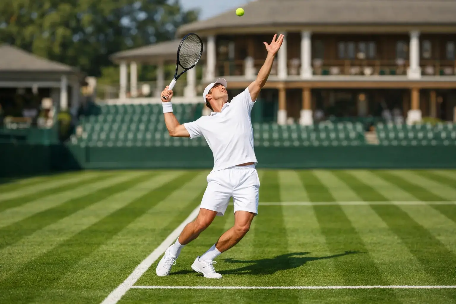 Cancha de tenis sobre césped natural con jugador ejecutando saque