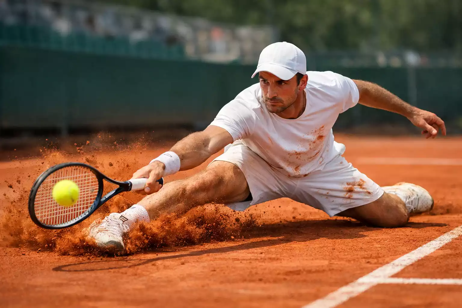 Jugador de tenis deslizándose para devolver una pelota en tierra batida