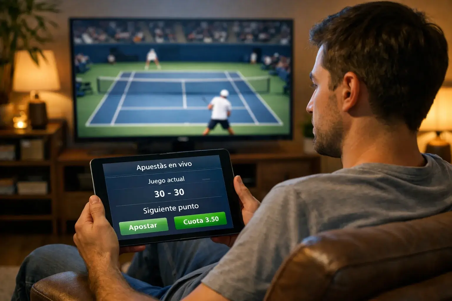 Aficionado concentrado viendo partido de tenis con tablet en mano