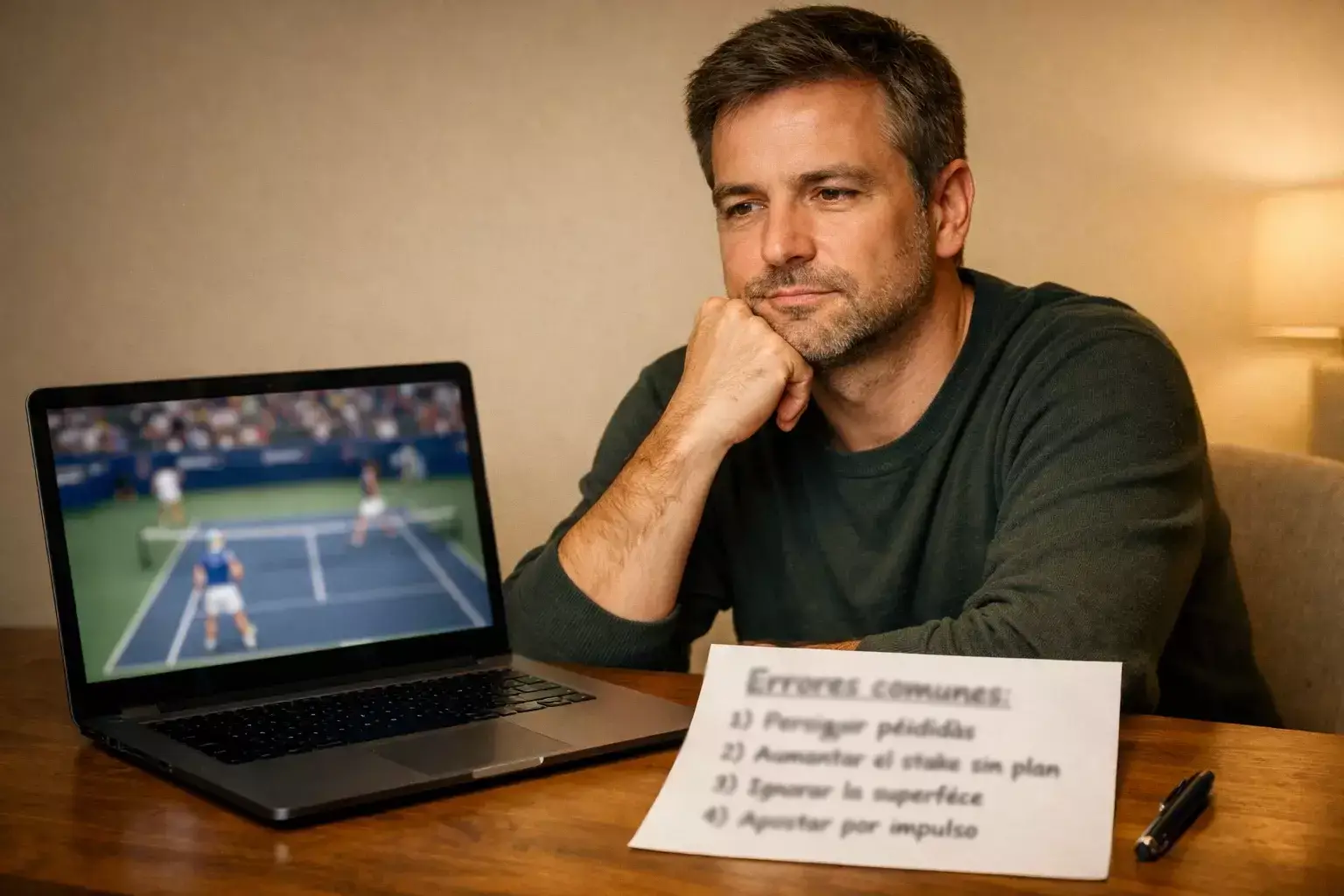 Persona pensativa frente a pantalla con partido de tenis