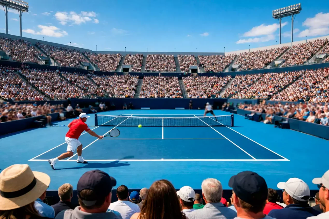 Partido de tenis profesional visto desde las gradas del estadio