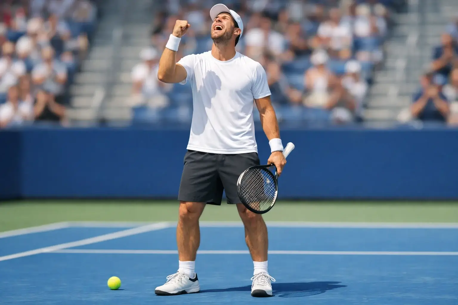 Tenista celebrando victoria en pista de tenis profesional