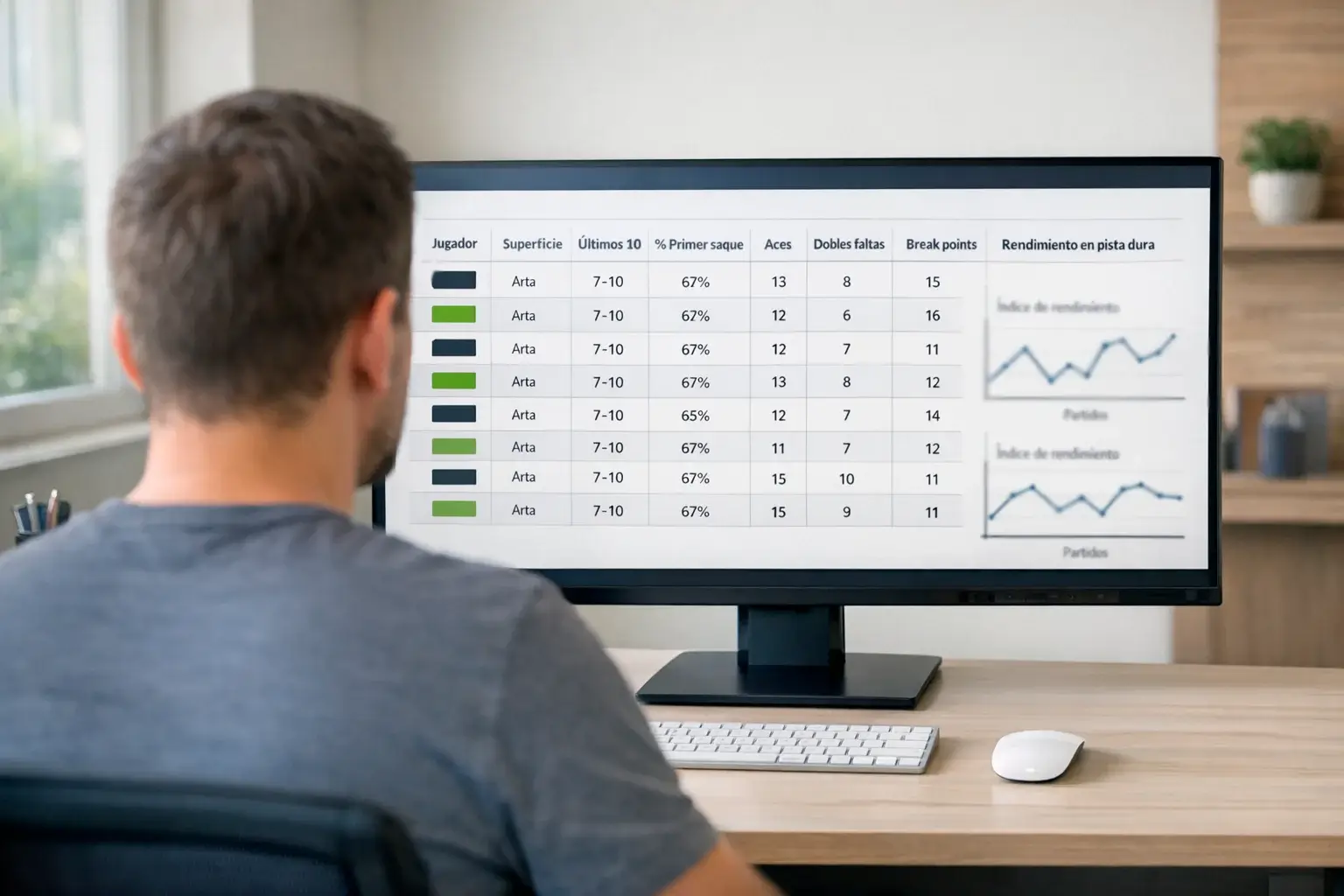 Persona analizando estadísticas de tenis en pantalla de ordenador