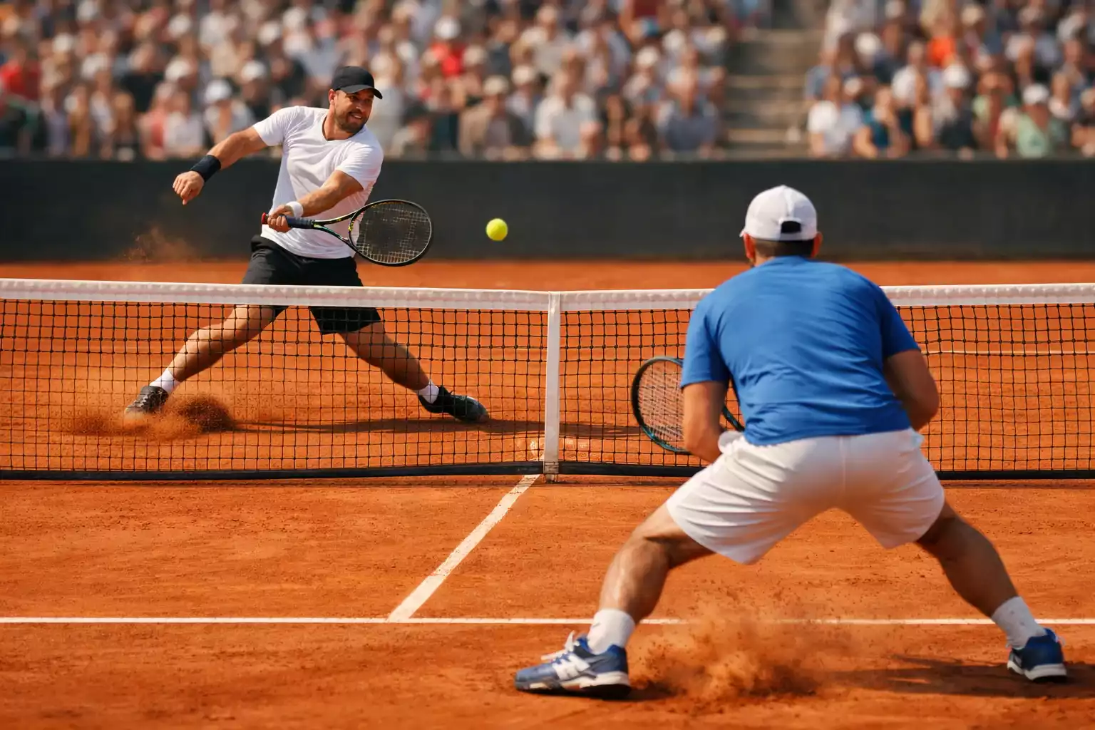 Partido de tenis en tierra batida en el Madrid Open