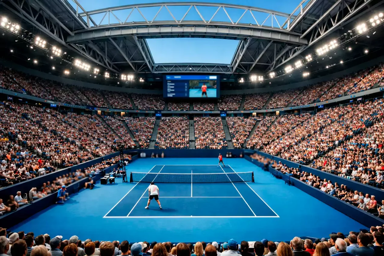 Vista panorámica de un estadio de tenis lleno de espectadores durante un partido profesional