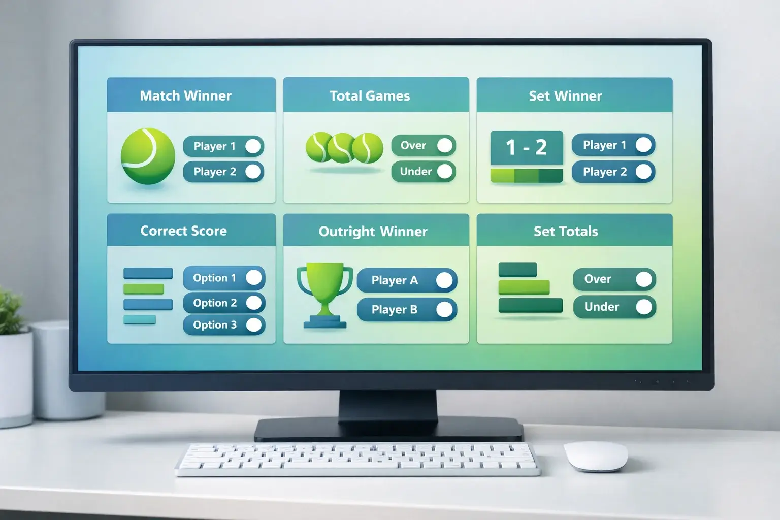 Pantalla mostrando diferentes tipos de mercados de apuestas de tenis