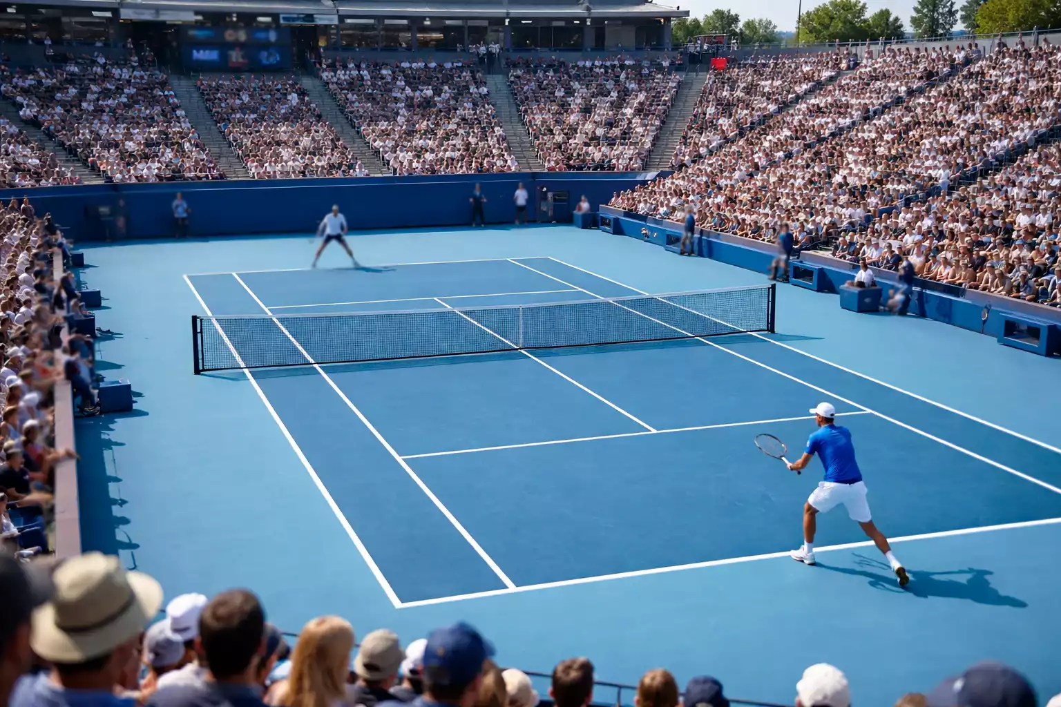 Partido de tenis profesional visto desde las gradas del estadio