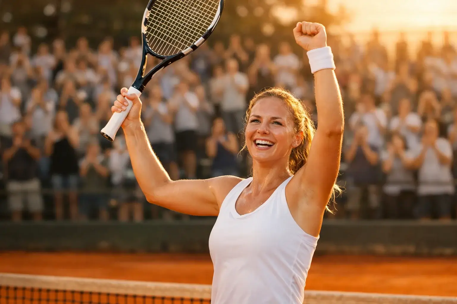 Tenista levantando el brazo tras ganar un partido importante