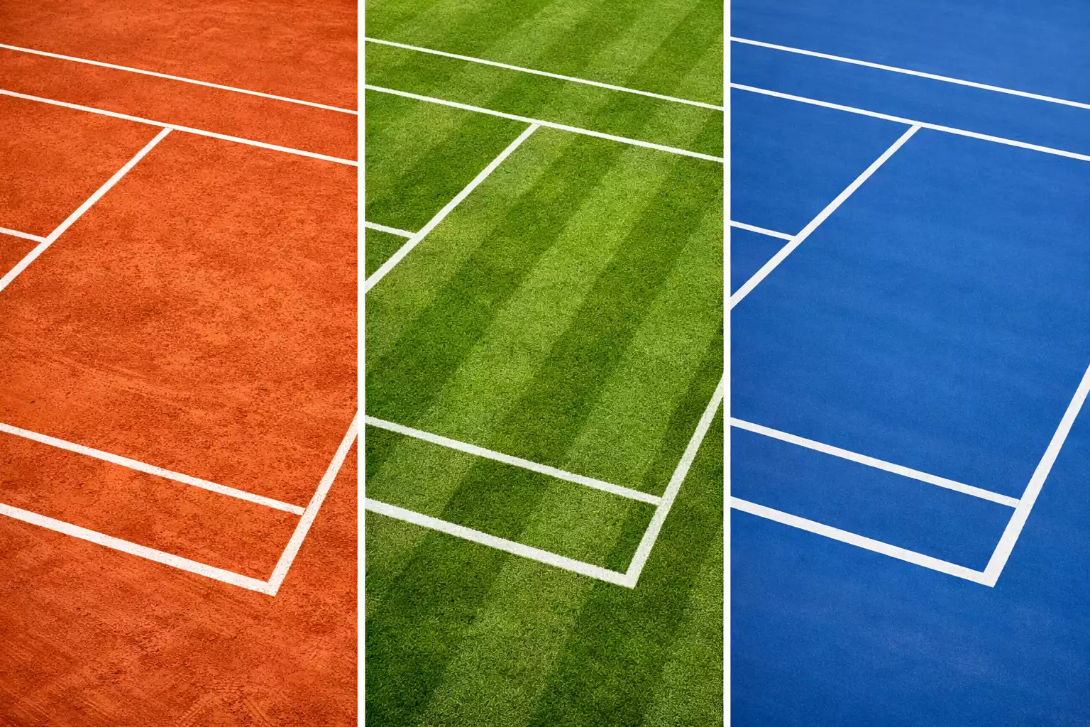 Vista dividida de tres superficies de tenis: tierra batida, hierba y pista dura