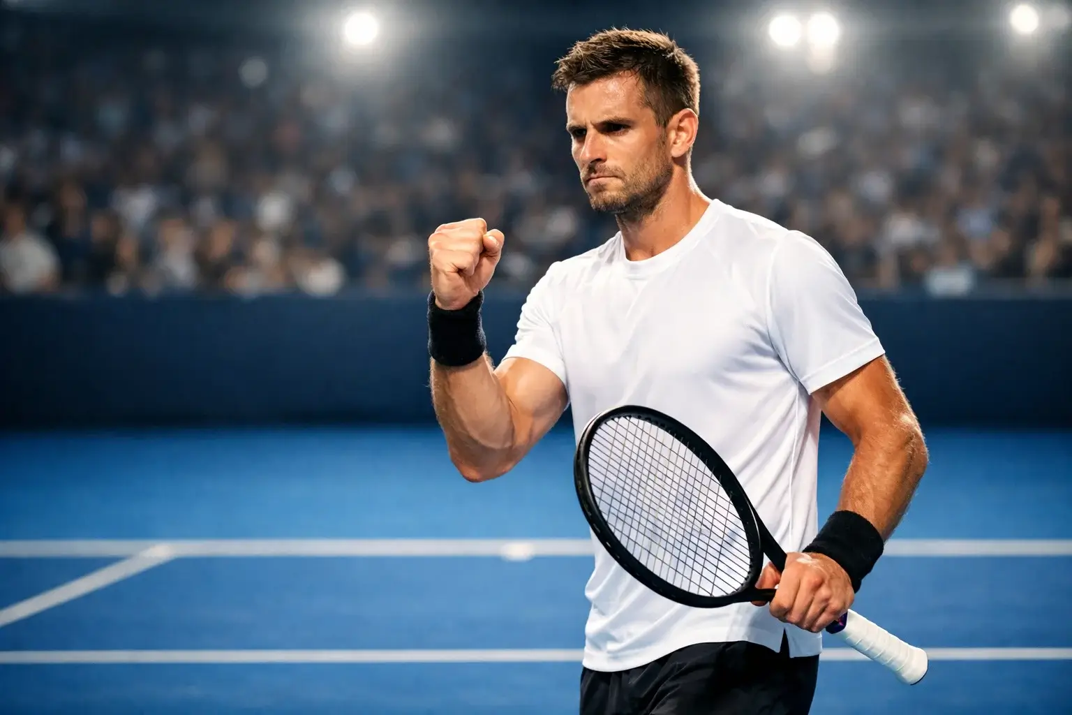 Tenista profesional celebrando un punto importante durante un partido