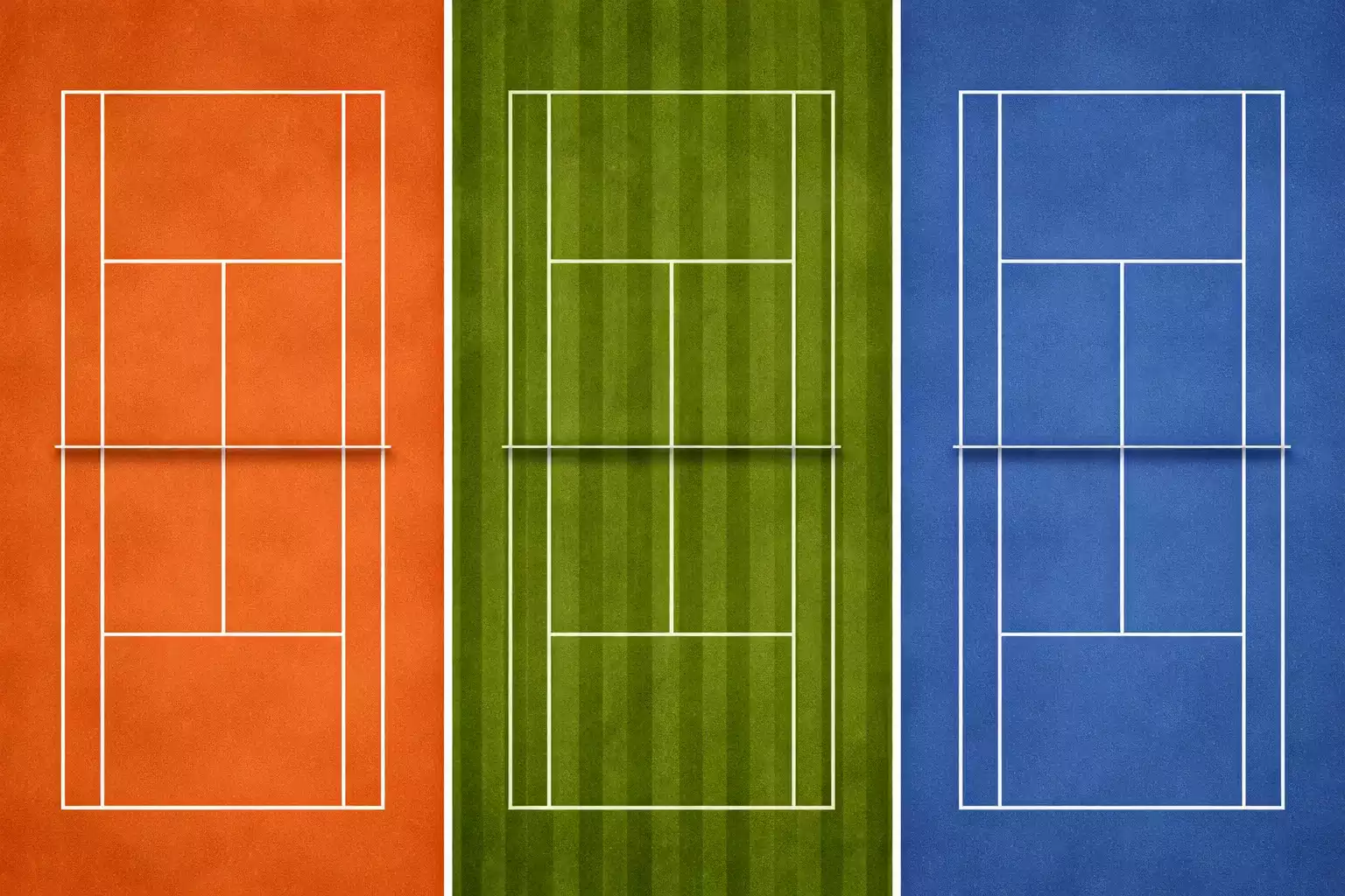 Diferentes superficies de pistas de tenis: tierra batida, hierba y pista dura