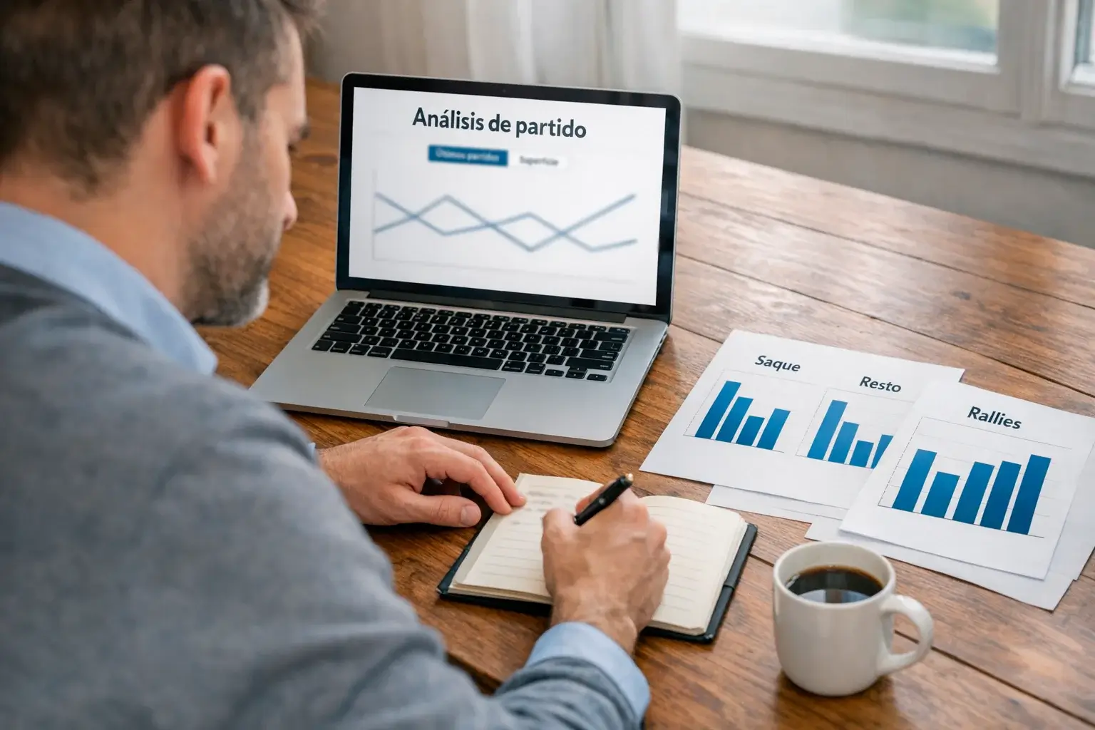 Analista estudiando estadísticas de tenis en documentos y pantalla