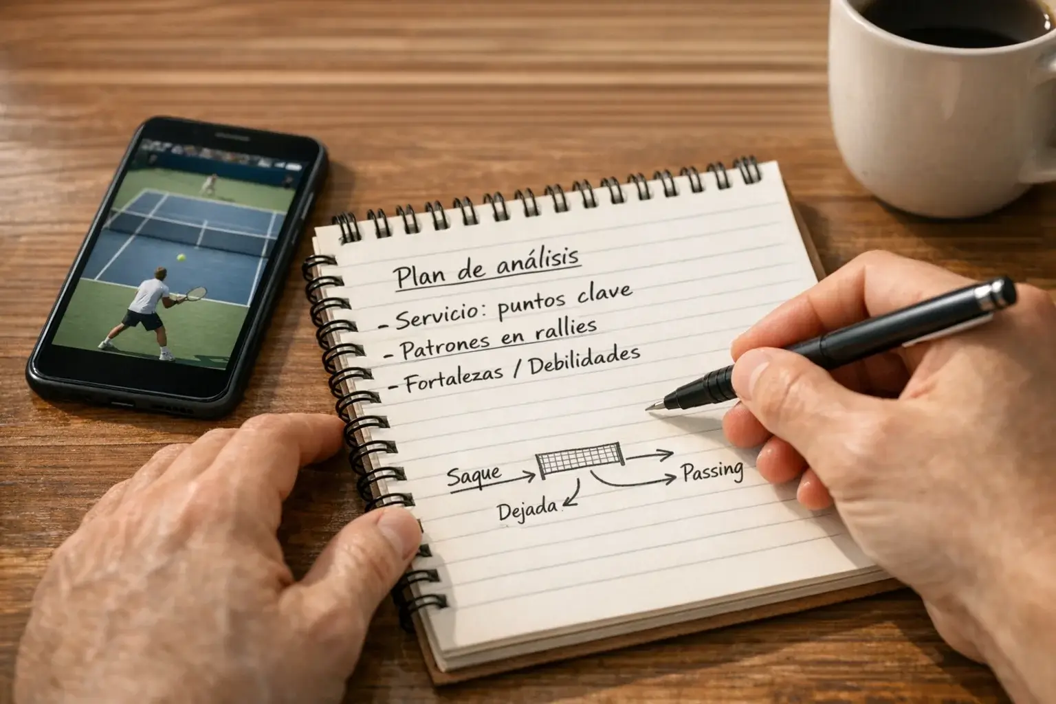 Persona tomando notas de análisis de partidos de tenis en un cuaderno